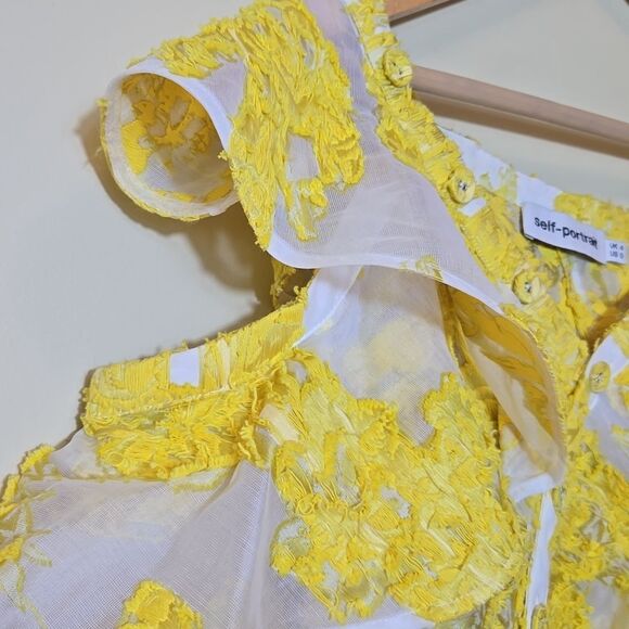 Self Portrait Yellow Floral Fil Coupe Asymetric Mesh Ruffled Top Off Shoulder - Picture 8 of 16